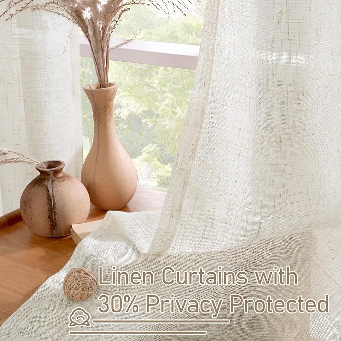45 Inch Short Window Linen Curtains, Cream Ivory Light Filtering Panels Bronze - Image 5