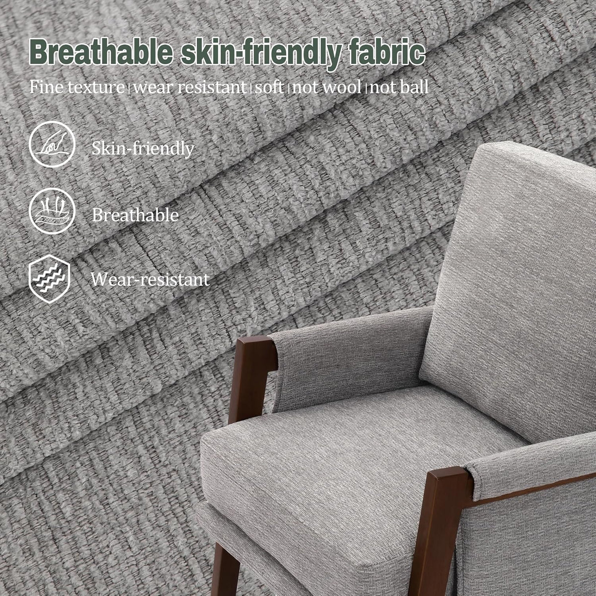 Modern Accent Chair for Living Room Mid Century Arm Chair Upholstered Bedroom Chair Comfy Lounge Chair with Solid Wood Frame, Grey