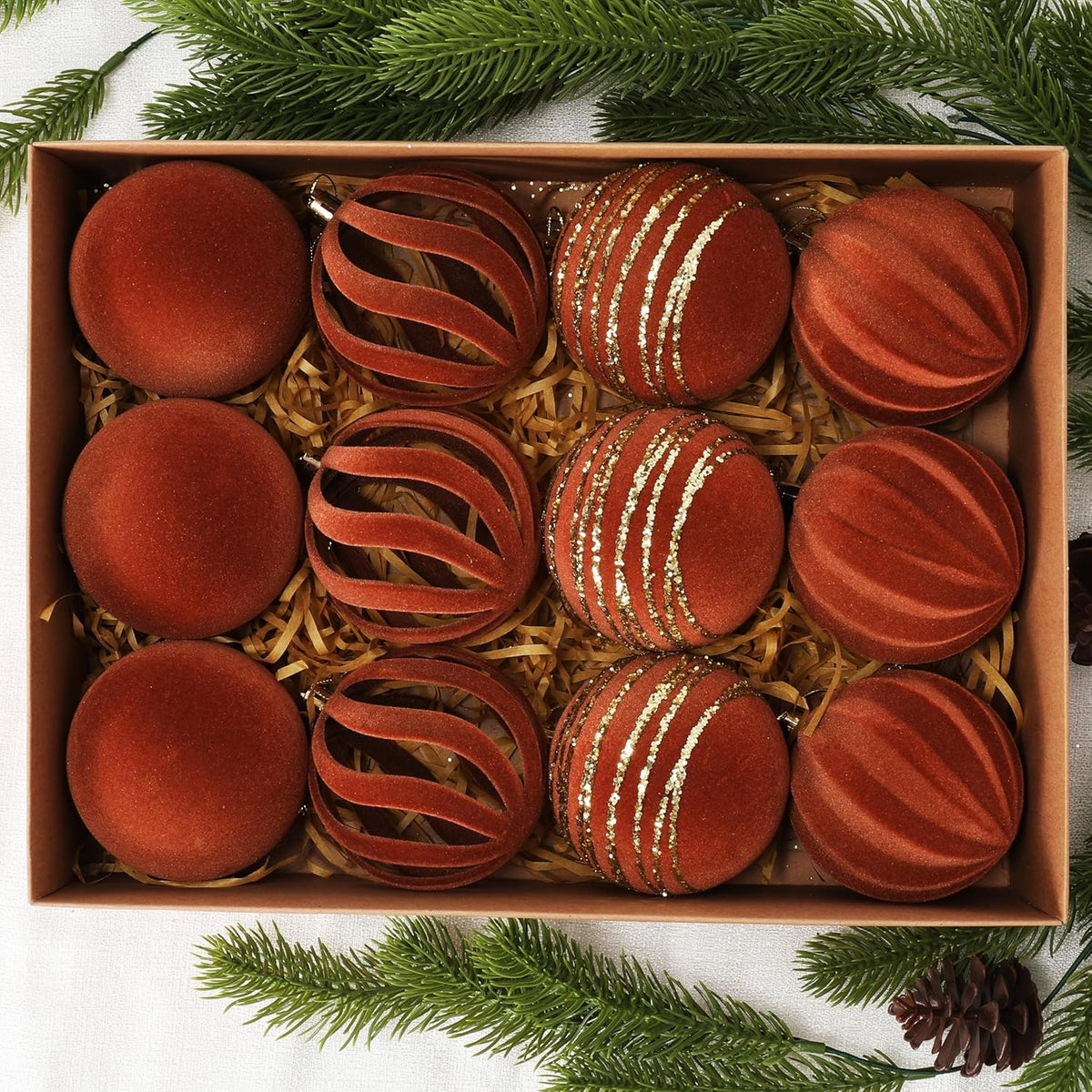 Christmas Ornaments Set of 12, 3.15" Flocked Velvet Balls with Hand Painted Designs, Brown Elegant Christmas Tree Decorations in Gift Box