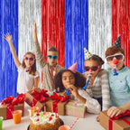 4 Pack 4th of July Decorations, 3.28 FT x 7.05 FT Independence Photo Backdrop, Metallic Blue Silver Red Backdrop Curtains Fringe Curtains Party Streamer, Patriotic Decor Fourth of July Party Supplies