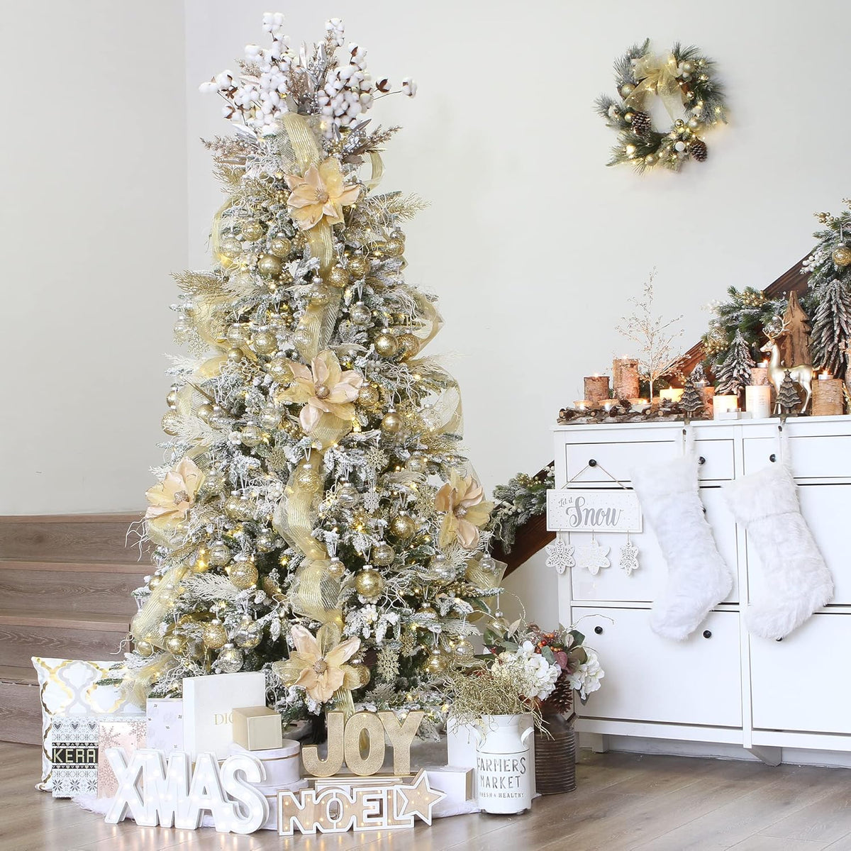 Sea Team Christmas Baubles Set Clear Plastic Shatterproof Multi-Size Decorative Christmas Baubles with Stuffed Delicate Decorations (25 Pieces, Gold)