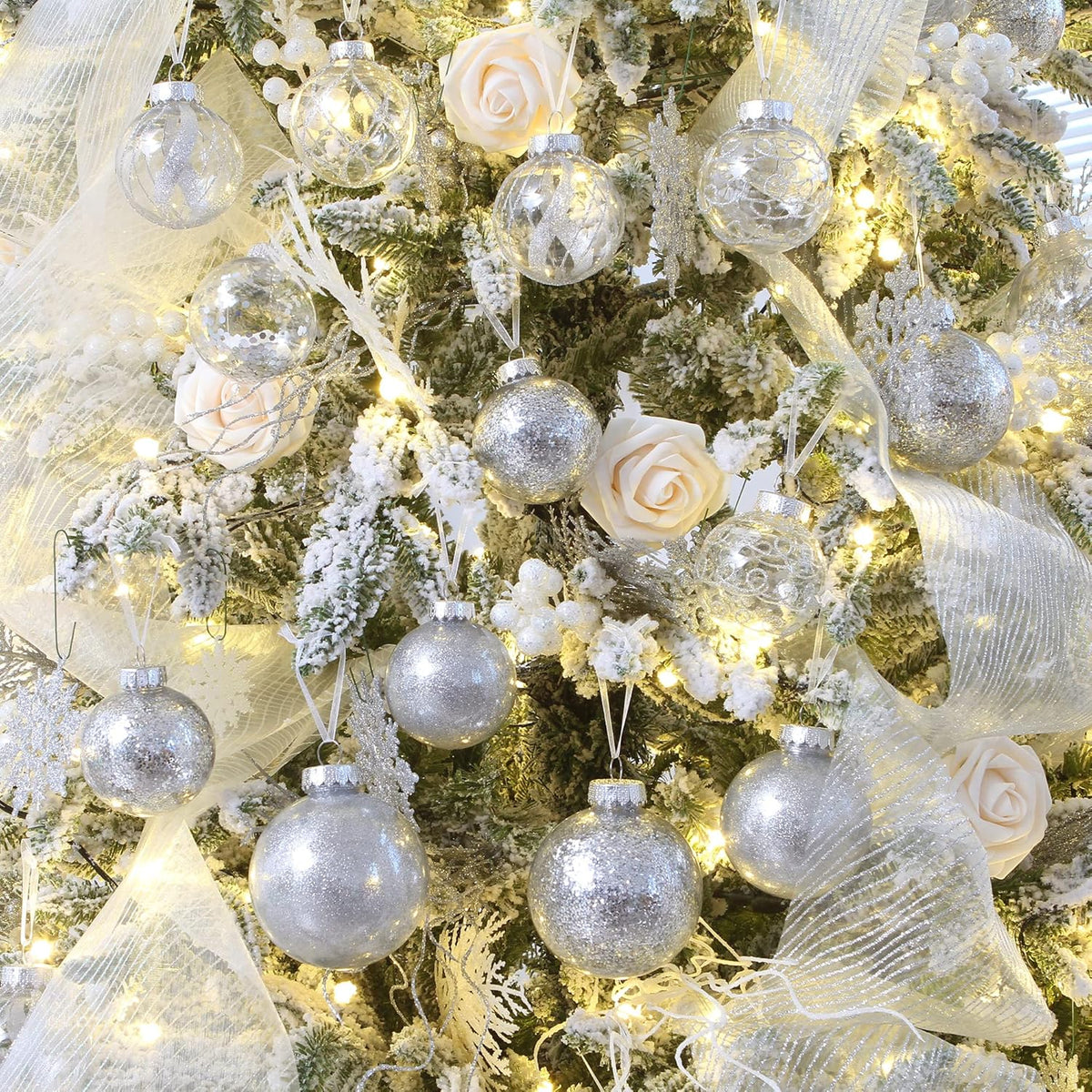 Sea Team Shatterproof Clear Plastic Christmas Ball Ornaments Decorative Xmas Balls Baubles Set with Stuffed Delicate Decorations (60mm/2.36 inch 30-Pack, Silver)