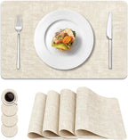 Vinyl Placemats Set of 4, Faux Leather Waterproof and Heat Resistant Place Mats, Washable Anti-Slip Table Mats with Coaster, Wipeable Placemats for Indoor & Outdoor 17" x 12" (Beige, Set of 4)