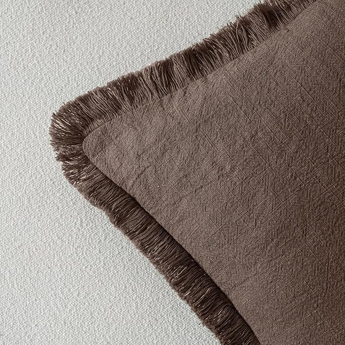 MIULEE Boho Linen Fringe Decorative Fall Pillow Covers Reddish Brown 16x16 | - Image 3