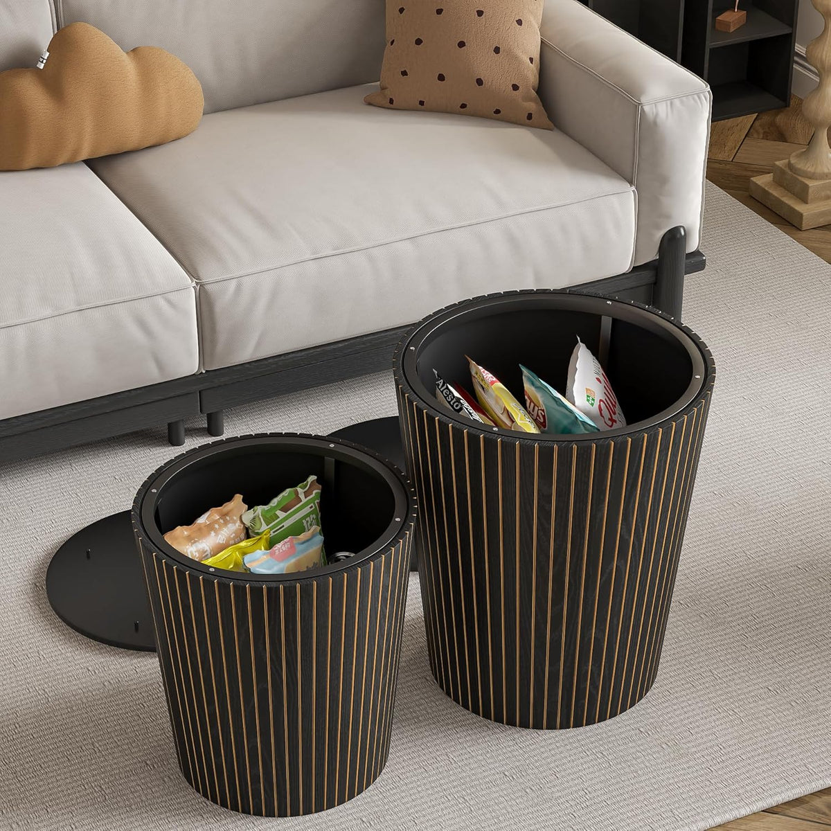 Nesting Coffee Table Set of 2, Round End Table with Storage, Farmhouse Side Table with Removable Wood Tops and Wood Basket Bases for Blanket Storage, Modern Coffee Table for Living Room (Black)