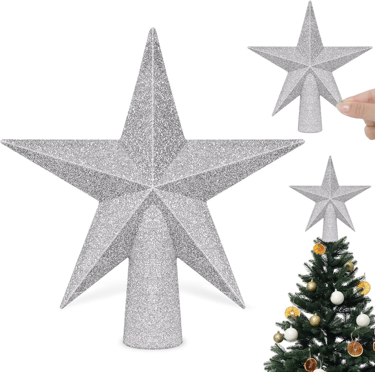 Tree Topper, 6" Silver Christmas Tree Topper with Glitter, 3D Bethlehem Star Xmas Tree Topper Decorations, Waterproof Shatter-Proof Tree Decoration for Christmas Holiday Home Indoor and Outdoor