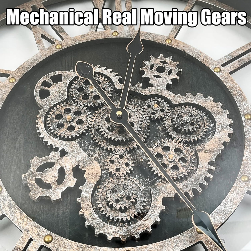 DORBOKER 24" Large Wall Clock with Moving Gears,Oversize Vintage Industrial Rustic Farmhouse Clocks for Living Room Decor Office Home,Solid Wood HD Tempered Glass Cover,Vintage Black