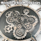 DORBOKER 24" Large Wall Clock with Moving Gears,Oversize Vintage Industrial Rustic Farmhouse Clocks for Living Room Decor Office Home,Solid Wood HD Tempered Glass Cover,Vintage Black