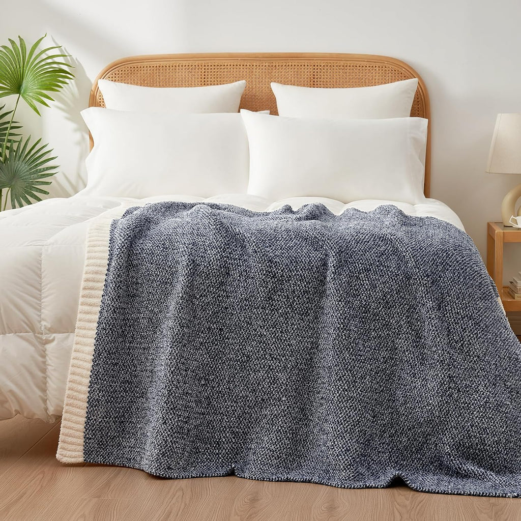Snuggle Sac Heather Navy Twin Size Blankets, Super Soft Microfiber, Warm Cozy Knit Fuzzy Plush Blankets for Sofa, Bed, Living Room, Navy, 60x80 inches