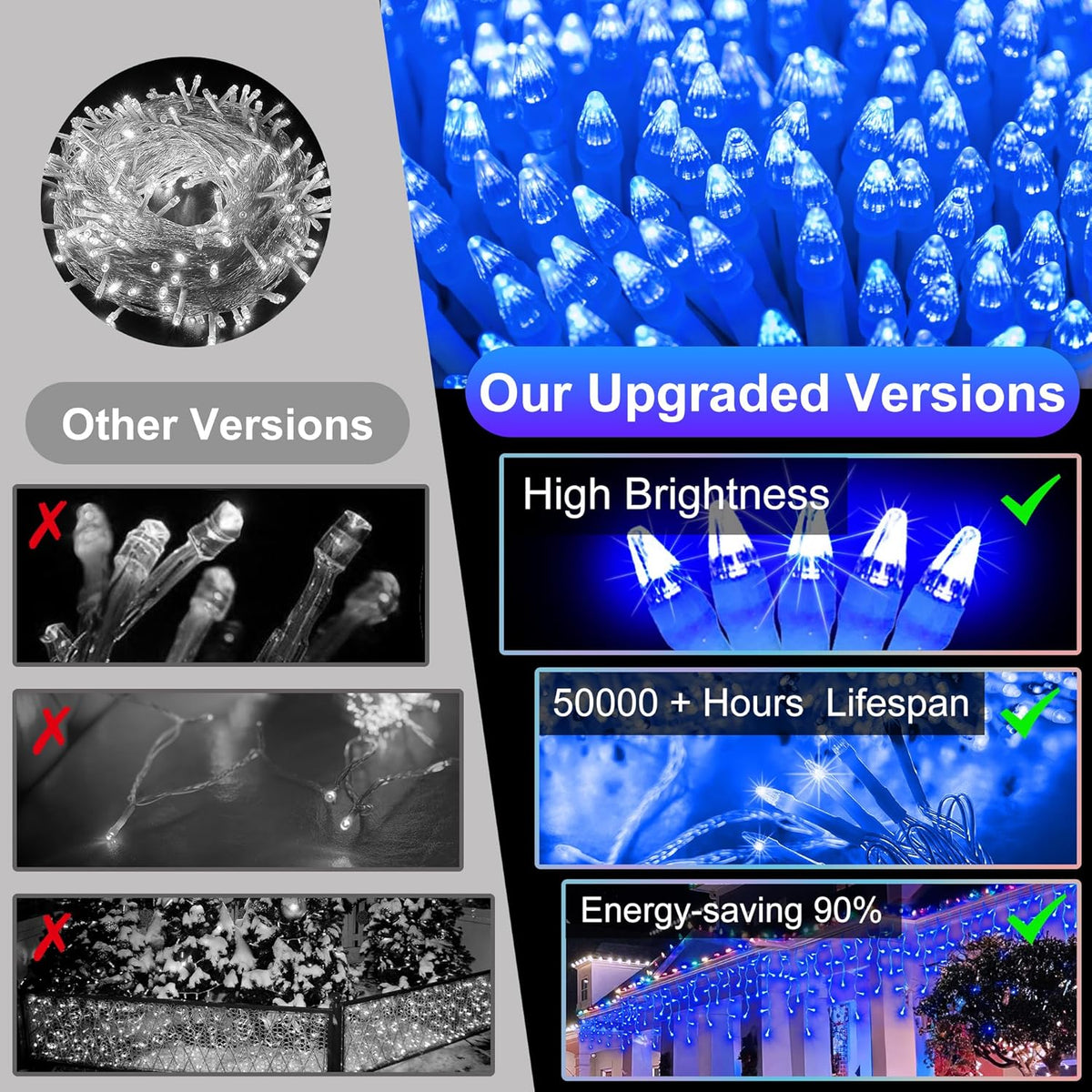 1620LED 164ft Christmas Lights, 360Drops 12 Modes Blue Christmas String Lights Outdoor Dimmable, Waterproof Christmas Decoration Fairy Lights with Timer for Eaves Indoor Party Patio Window Fence Blue