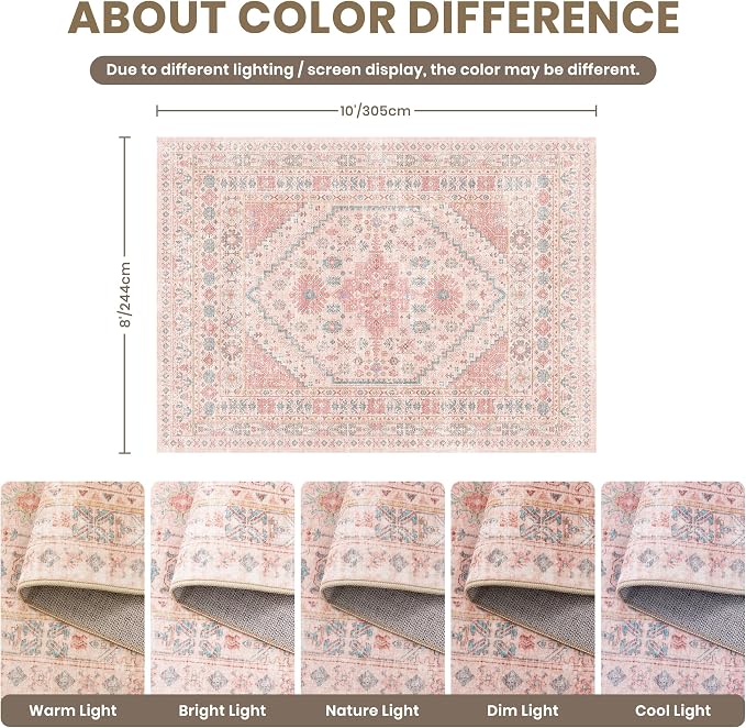 Pink Rugs for Bedroom-8x10 Area Rugs for Living Room, Girls Room | Washable - Image 2