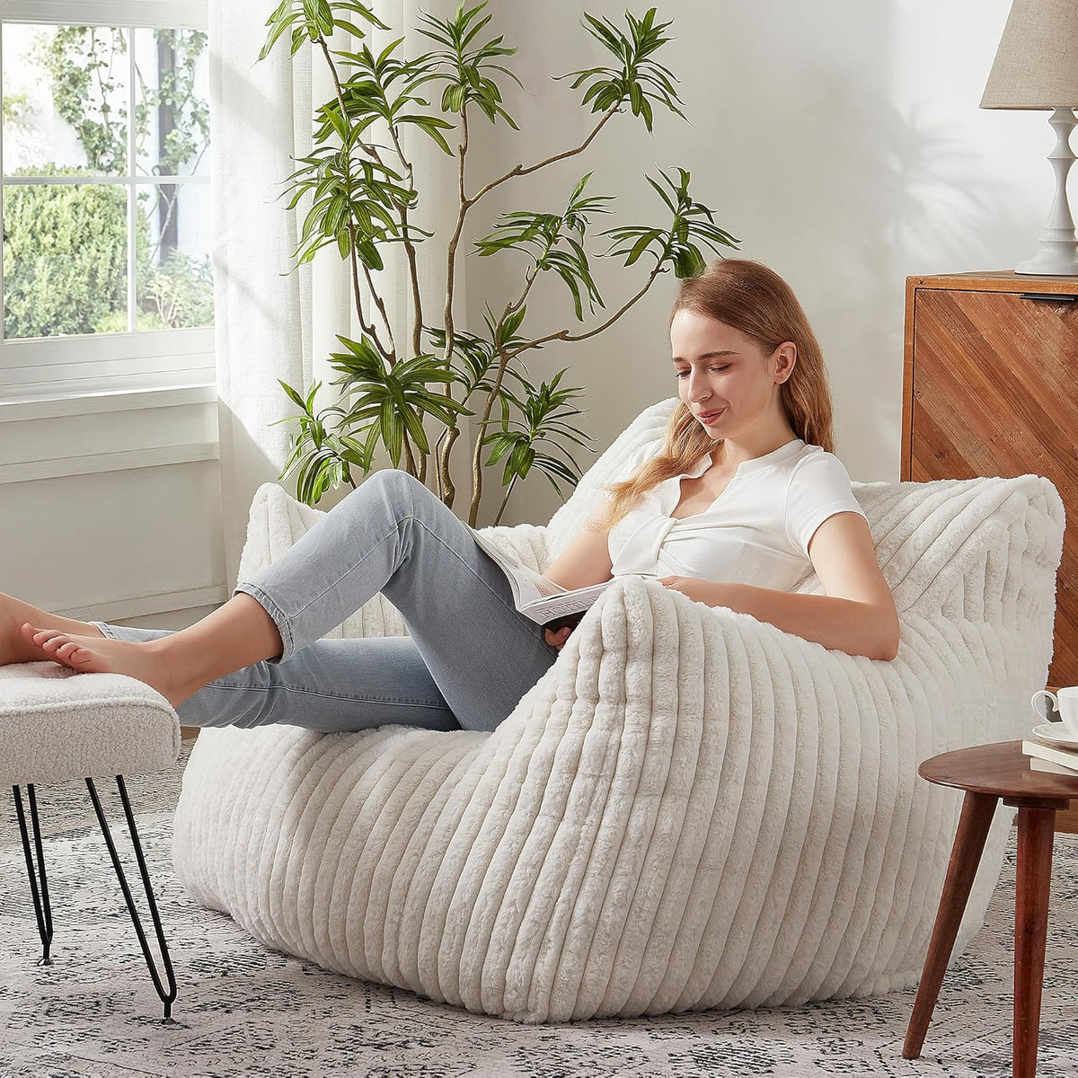 Giant Bean Bag Chairs for Adults with Filling Plush Fluffy Bean Bag Chairs for Teens with Armrests Comfy BeanBag Lazy Couch Sofa Chair for Bedroom Living Room Reading