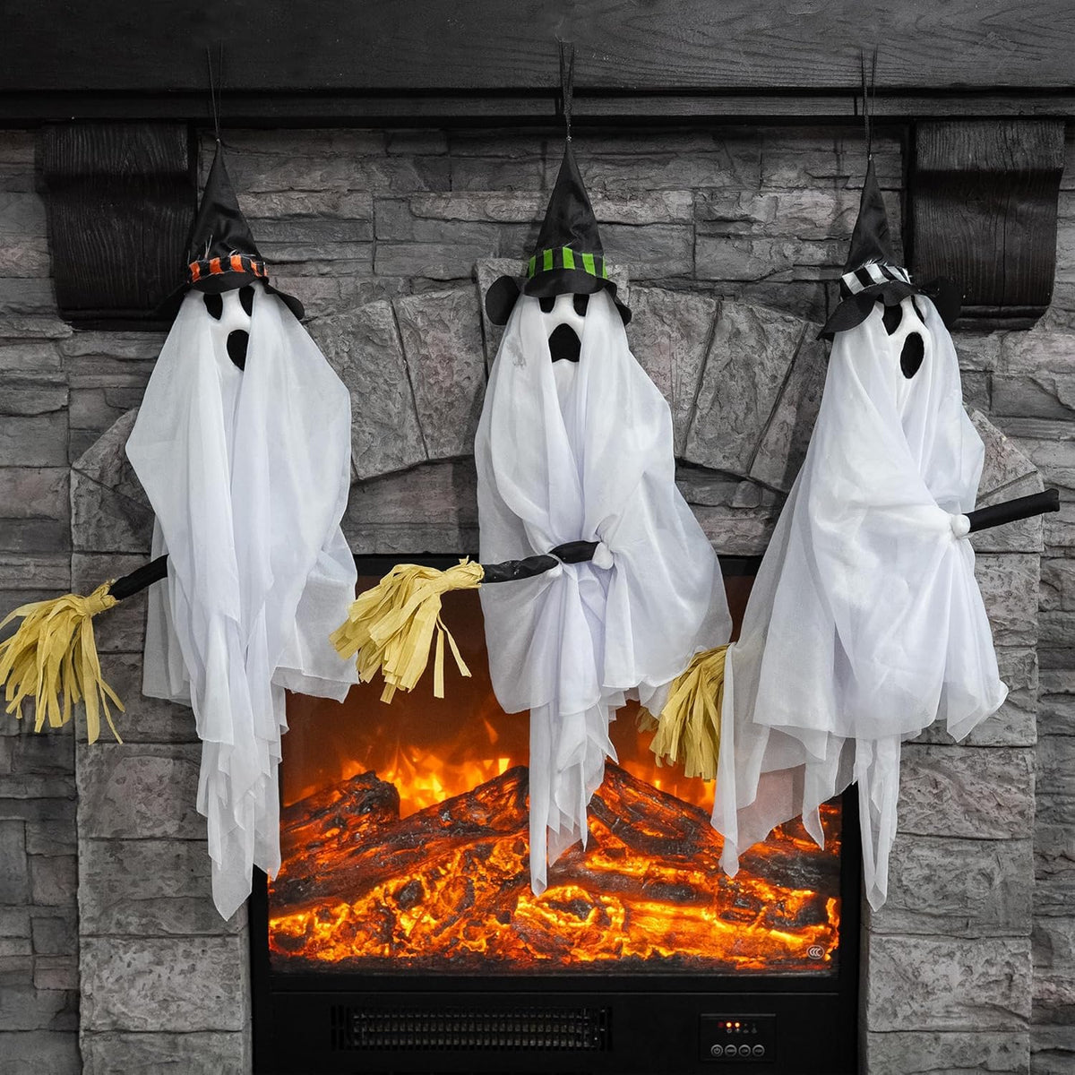 Hourleey Halloween Hanging Ghosts Decorations, 3 Pack 23" Cute Flying White Ghost with Broom, Halloween Decor Outdoor for Front Yard Patio Lawn Garden Party Porch