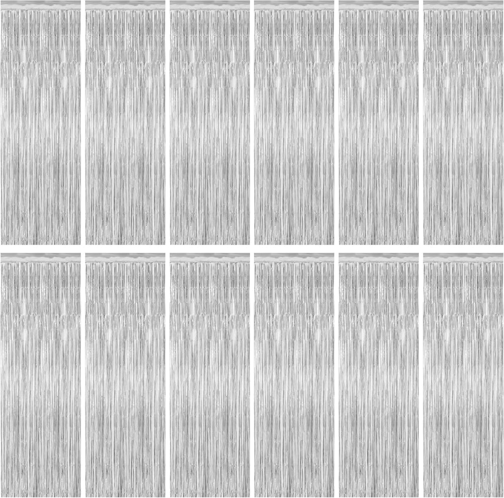 12 Pack Silver Backdrop. 3.28 FT x 7.05 FT Birthday Decorations, Metallic Silver Fringe Backdrop Foil Curtains Tinsel, Disco Party Decor Photo Booth Props Door Decorations Hanging
