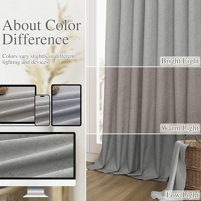 Dark Grey 100% Blackout Linen Curtains 90 Inch Length 2 Panels Set - Image 7