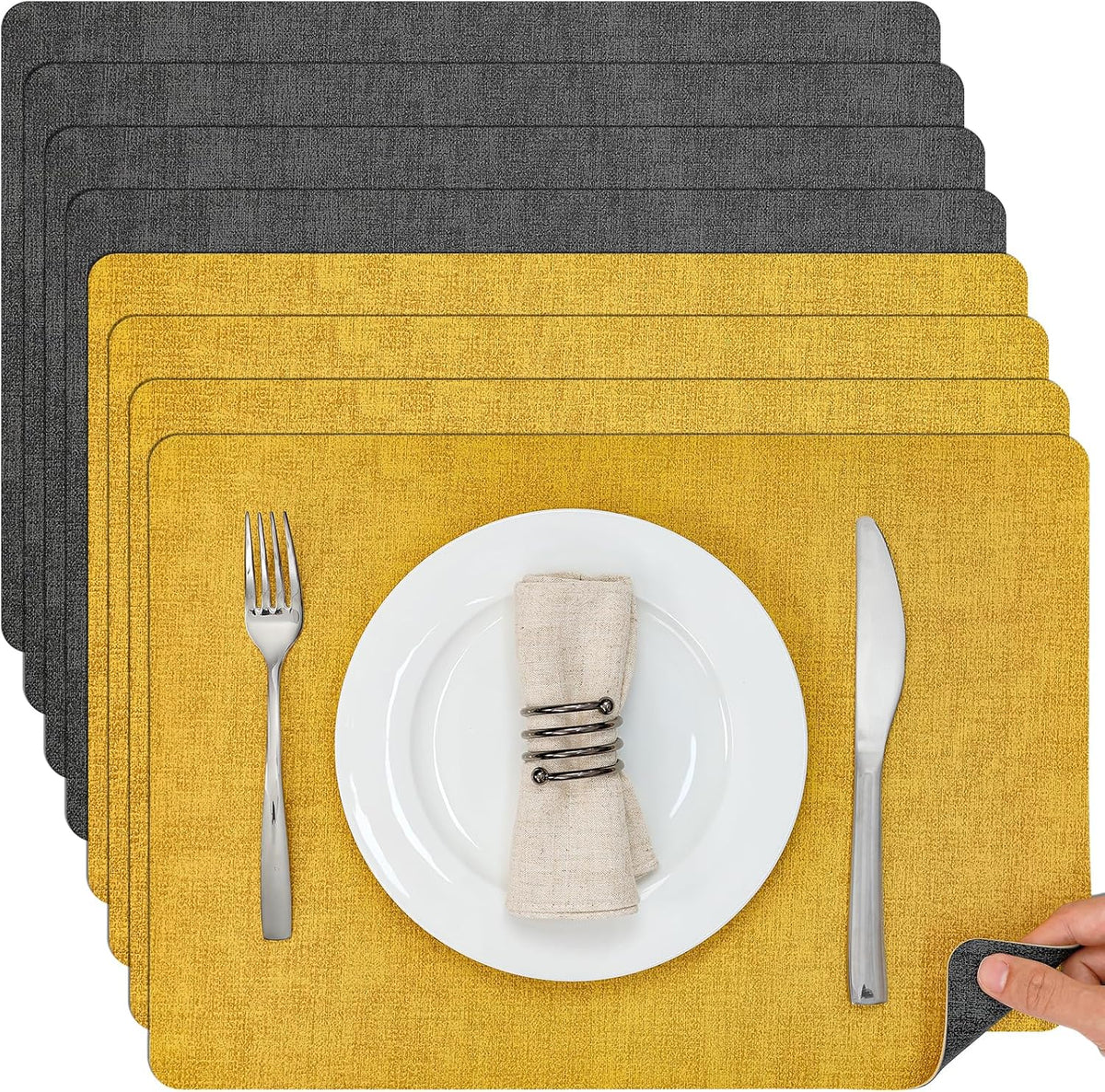 Myir JUN Placemats Dual Sided, Faux Leather Place Mats Set of 8 Indoor Placemats for Dining Table Non-Slip Washable Placemats Heat Resistant Outdoor Table Mats (Set of 8, Gray Yellow)