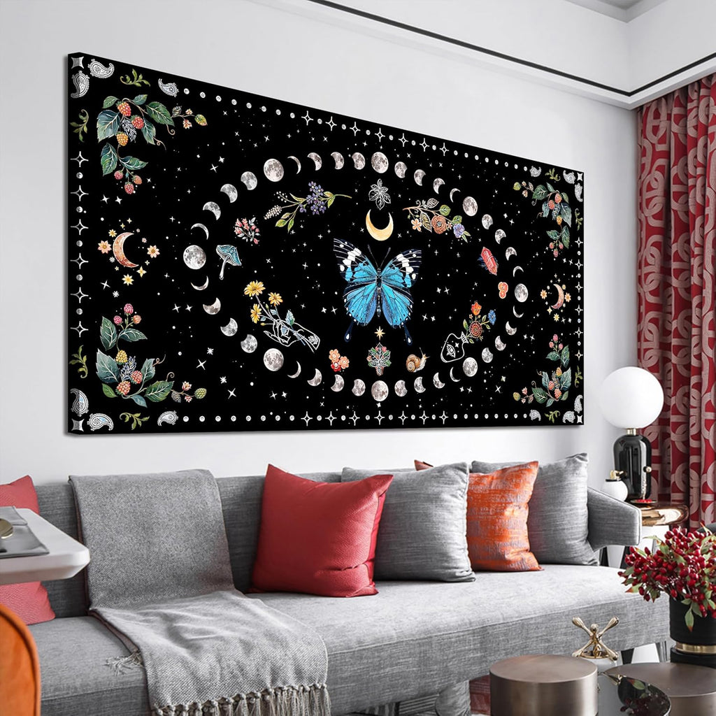 Canvas Wall Art Prints Blue Boho Wall art Decor Canvas Art Wall Decor Wall Pictures for Living Room Vintage Butterfly Wall Art Moon Flower Abstract Artwork for Walls Home Bedroom Decor 20" X 40"