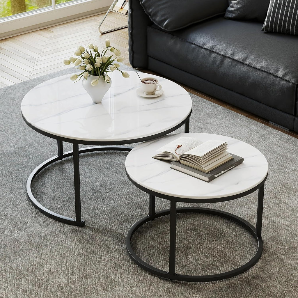Modern White Coffee Table Set of 2 - Sintered Stone Top & Sturdy Metal Base, fo Living Room Bedroom Apartment