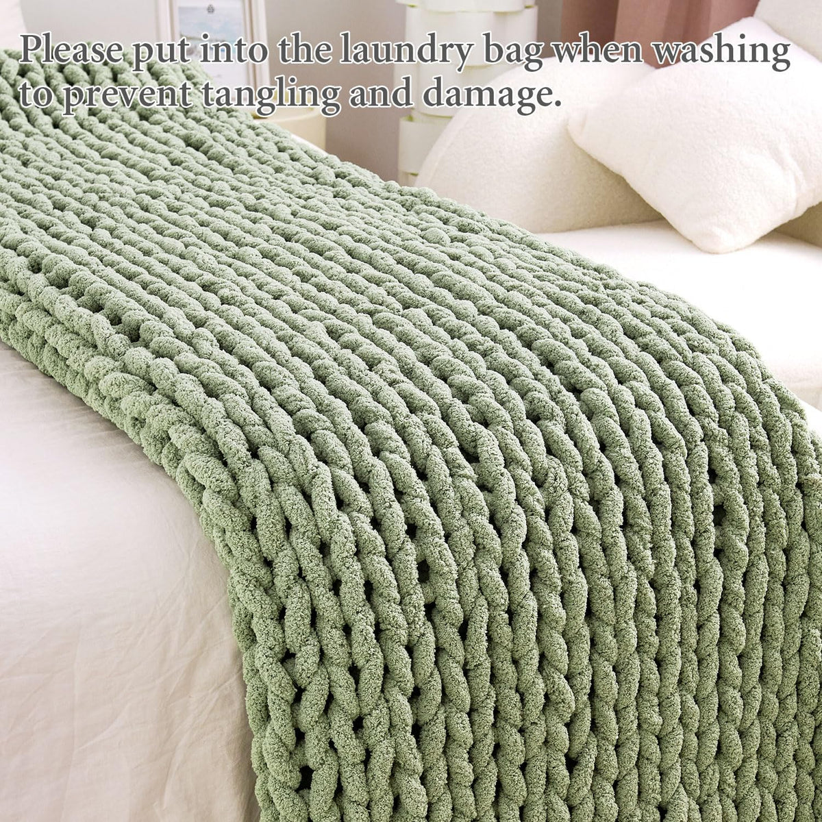 Admitrack Chunky Knit Blanket Throw, 100% Hand Knit Chenille Throw Blanket for Sofa & Home Decor, Soft and Cozy Knitted Throw Blankets (Sage Green，51"x63")