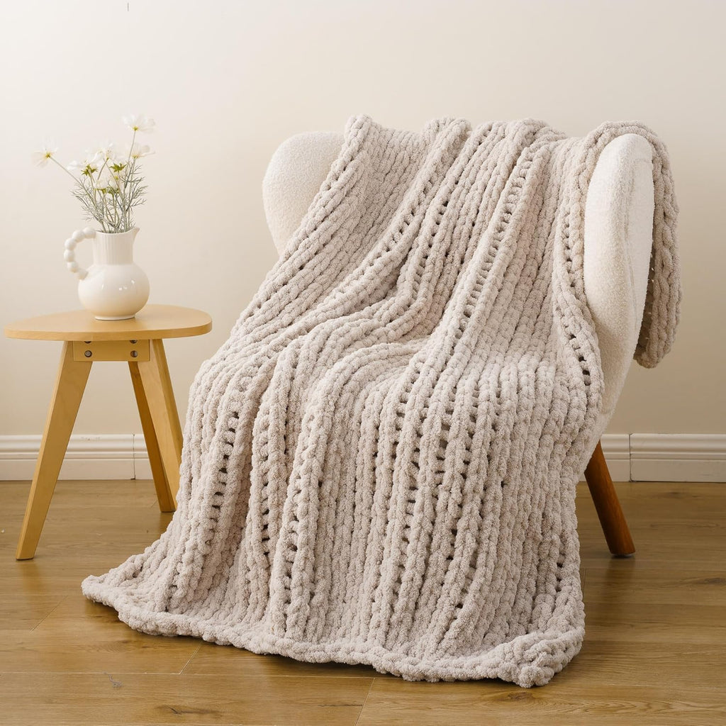Battilo Chunky Knit Throw Blanket, Soft and Thick Chenille Throw Blanket, 50"x60" Handmade Cable Knit Crochet Blanket, Large Rope Knot Throw Blankets for Couch Sofa Bed Home Decor, Taupe