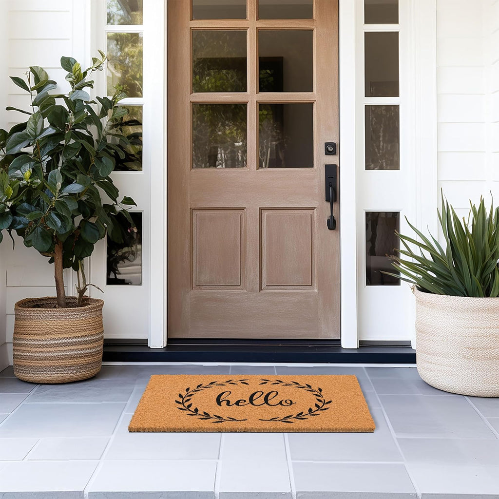 Barnyard Designs Natural Coco Coir Heavy Duty Backing Doormat - Large Cute Non-Slip Front Door Welcome Mat for Outside Entrance or Porch Entry, Brown (17x30, Hello Wreath)