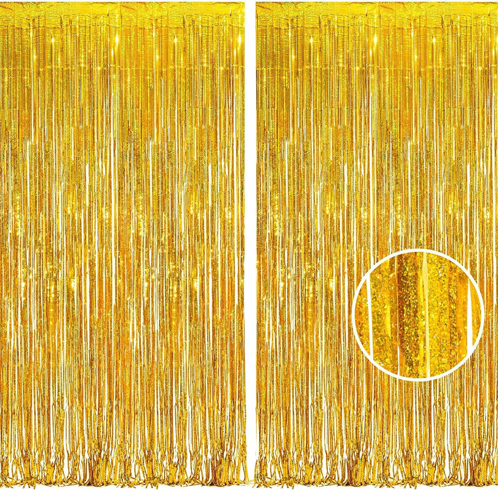 BRAVESHINE Gold Tinsel Foil Fringe Curtains - 2Pcs 3.2x8.2ft Holidays Photo Backdrop for Men 60th Birthdays/Bridal Wedding/Engagement/Anniversary/Hawaiian/Luau/Christmas/New Years Party Decorations
