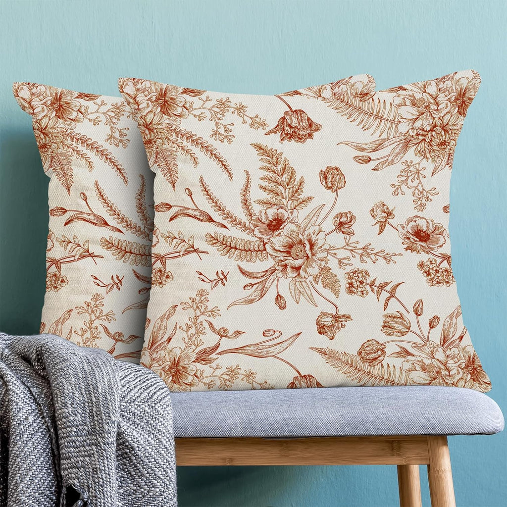 CXMEIFLY Burnt Orange Spring Pillow Covers 18 x 18 Inch Set of 2 for Chinoiserie Flowers Decor Throw Pillows Floral Leaves Seasonal Plant Outdoor Decorative Cushion Cases for Couch Bed Decorations