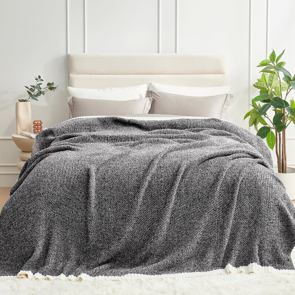 Snuggle Sac Queen Size Bedding Blanket Black, Super Soft Warm Cozy Bed Blankets Oversized Fuzzy Plush Blankets for Bed, Bedroom, Heather Black, 90x90 inches