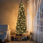 Naomi Home Belen 6.5ft Pencil Christmas Tree Prelit pre-Decorated with Pine Cones, Red Berries, 754 Branch Tips, 250 Warm Lights and Metal Stand, 30" Wide Skinny Christmas Tree with Lights