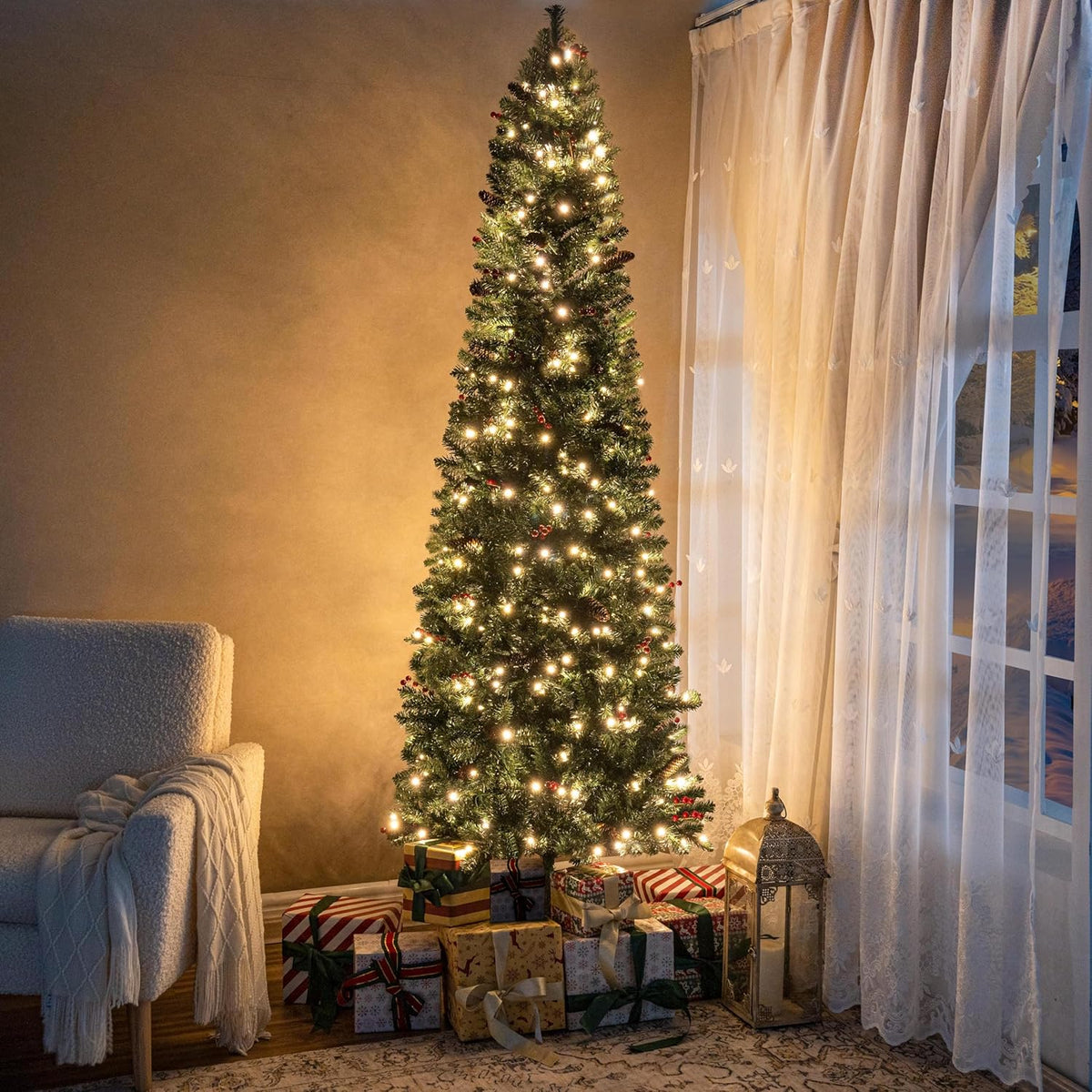 Naomi Home Belen 6.5ft Pencil Christmas Tree Prelit pre-Decorated with Pine Cones, Red Berries, 754 Branch Tips, 250 Warm Lights and Metal Stand, 30" Wide Skinny Christmas Tree with Lights