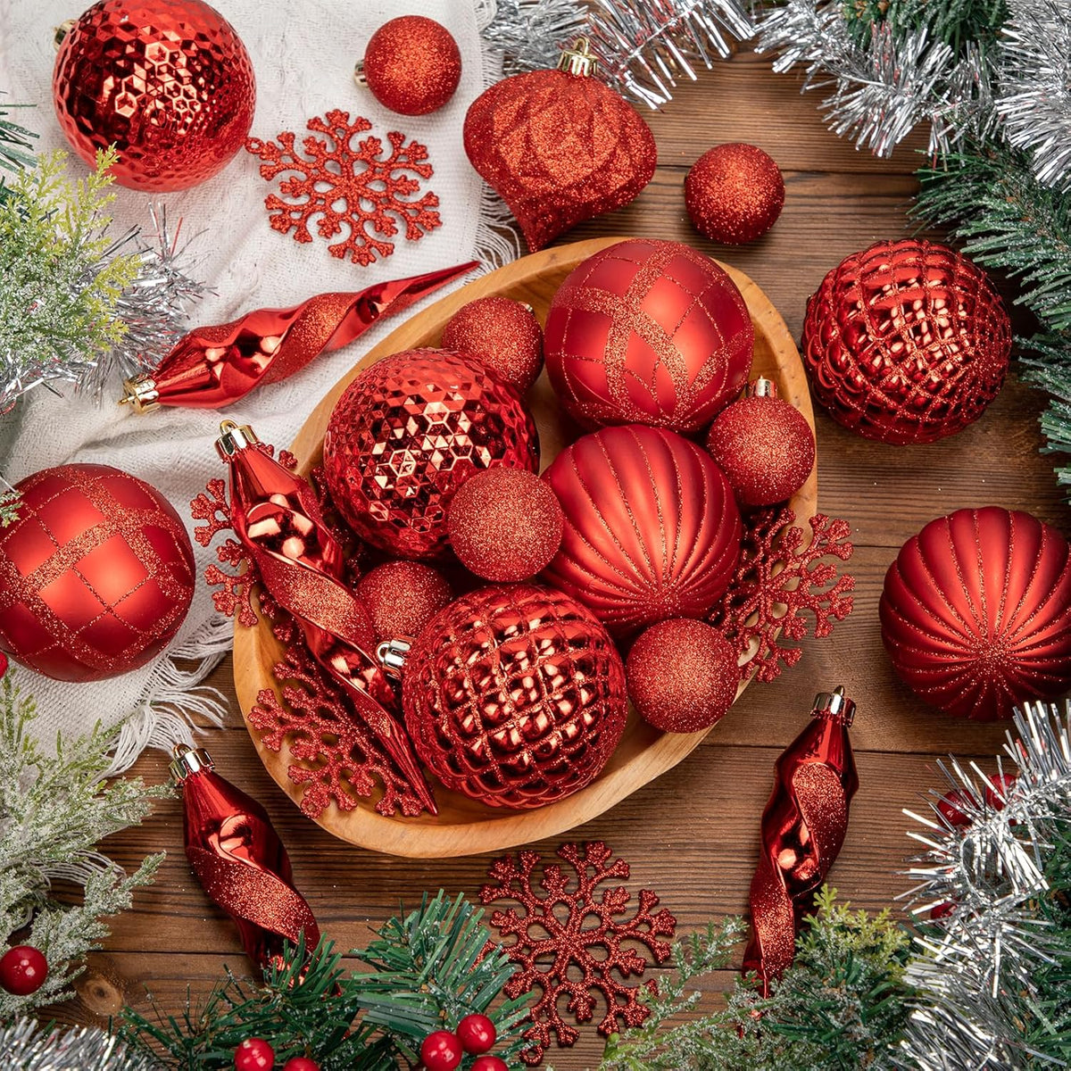 50PCS Christmas Tree Ornaments Set with Shatterproof Balls Icicle Snowflake Hanging Ornaments for Home Office Farmhouse Christmas Decorations, Red