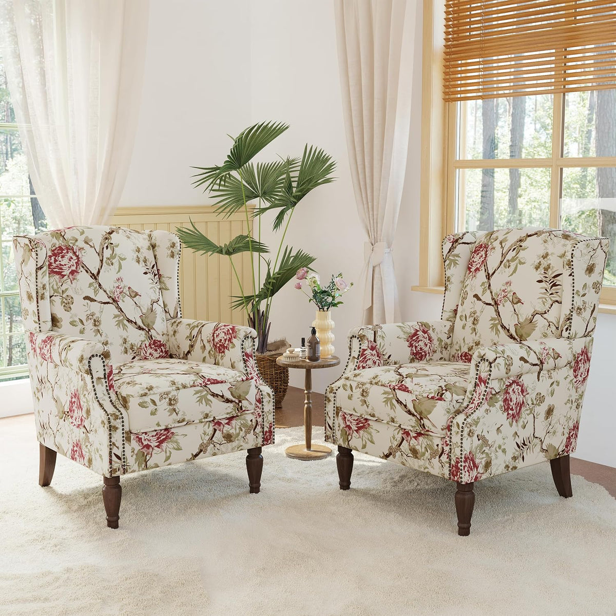 Lumibee Wingback Accent Chair, 2 Set High Back Floral Armchairs in Fabric,Comfy Upholstered Reading Single Sofa Chairs with Solid Wood Legs for Living Room,Bedroom,Office-Floral Beige