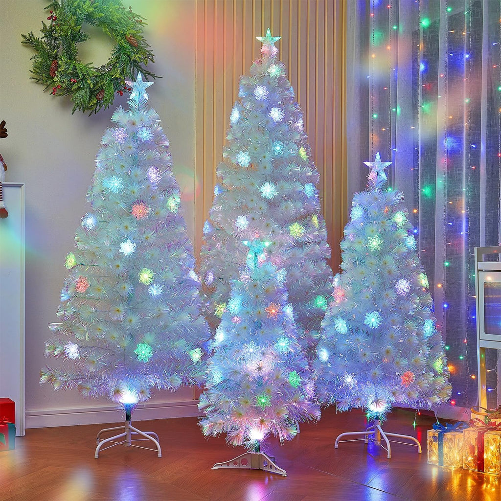 Juegoal 5ft Pre-Lit Artificial Christmas Tree, Lighted Optical Fiber Xmas Trees with Color Changing LED Lights, Snowflakes & Top Star, Party Home Holiday Fake Multicolored Tree with Metal Legs, White