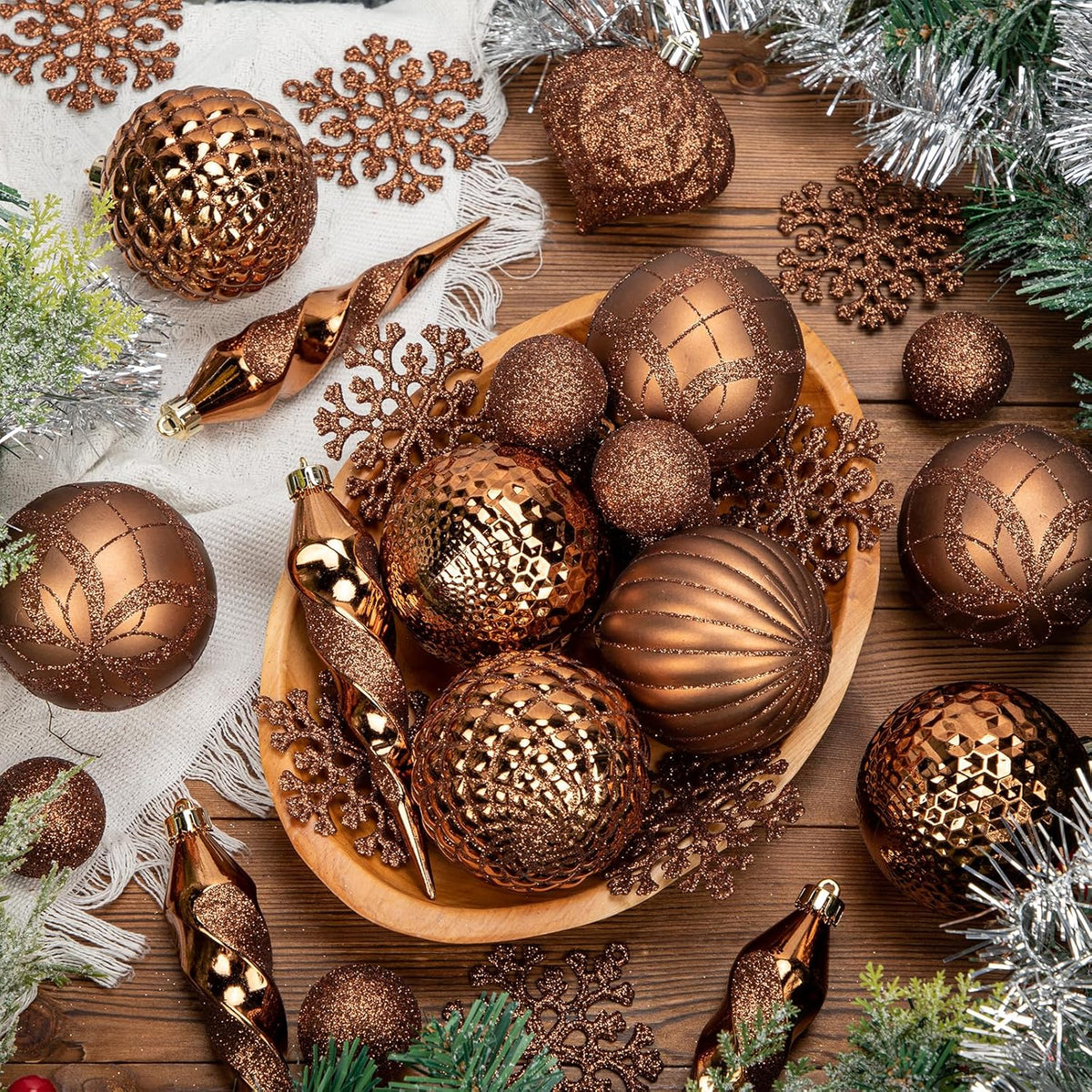 50PCS Christmas Tree Ornaments Set with Shatterproof Christmas Balls Icicle Snowflake Hanging Ornaments for Home Office Farmhouse Christmas Decorations, Bronze