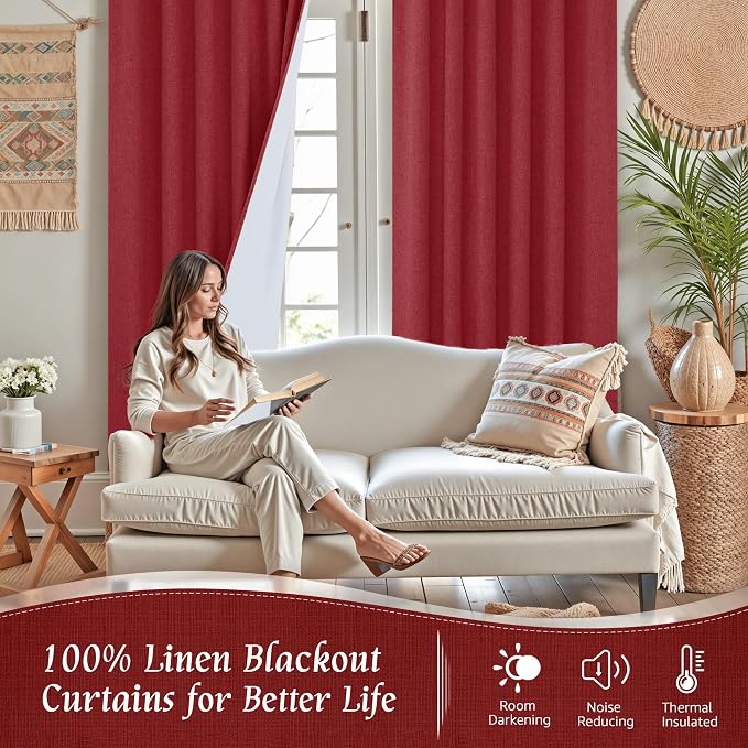 Red 100% Blackout Linen Curtains 63 Inches 2 Panels - Image 2