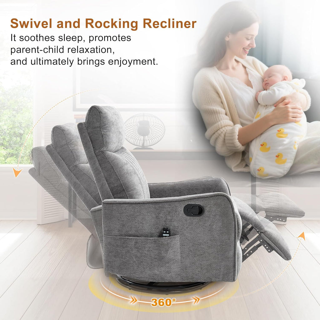 Manual Swivel Rocker Recliner Chair for Adults, Overstuffed Reclining Glider Chair for Nursing with Vibration Massage & Heat, Living Room Rocking Recliner 2-Stage backrest, Chenille Fabric Dark Gray
