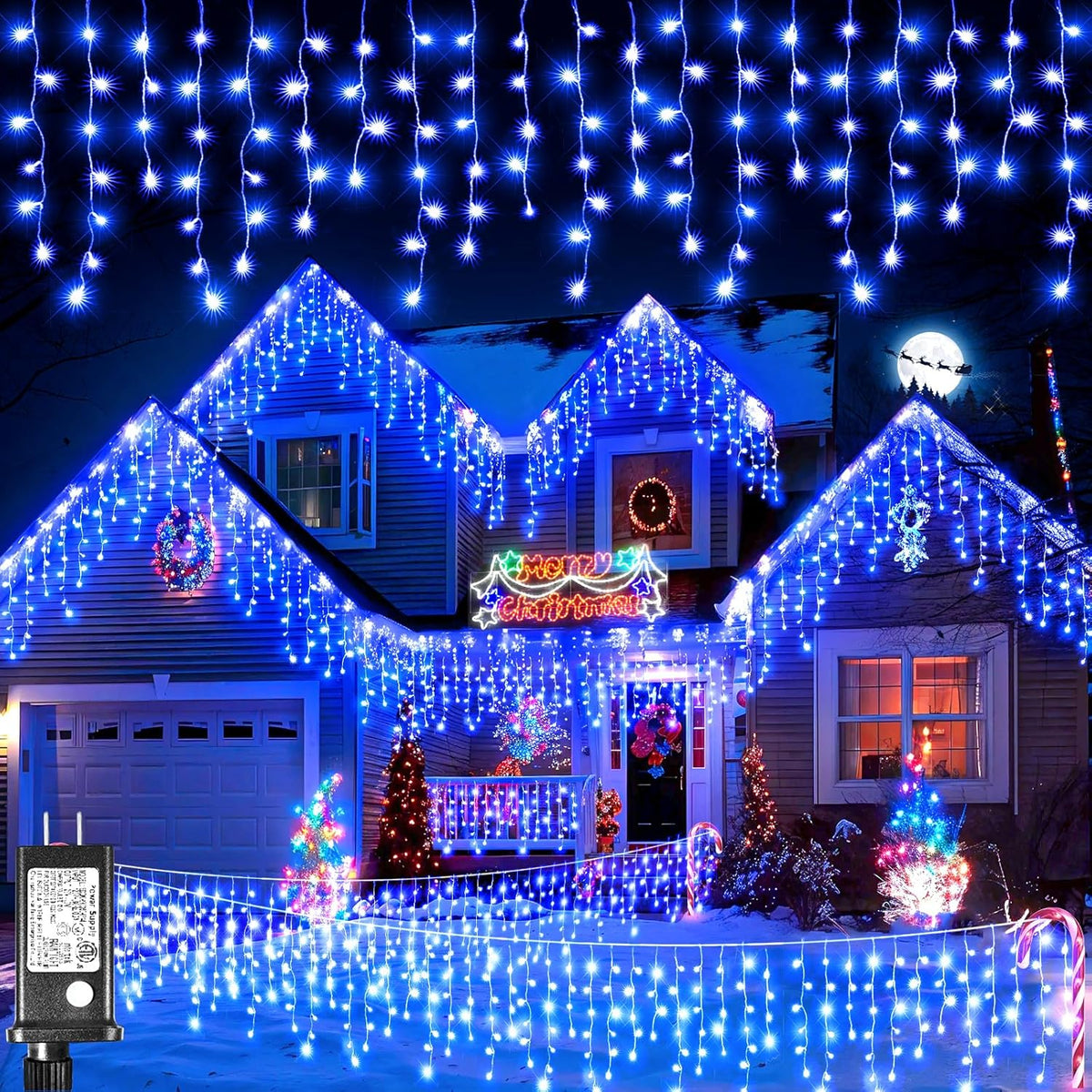 Icicle Lights for Outside, 66FT 640 LED Christmas Icicle Lights Outdoor Indoor with Waterproof 8 Modes, Plug in Curtain String Light for House Patio Roof Garden Party Wedding Decorations, Blue