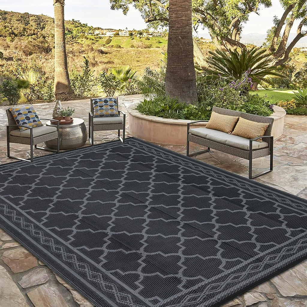 GAOMON Outdoor Plastic Straw Rug, 10'x14' Reversible Sage Green Patio Mat, Flower Modern Design for RV, Backyard, Deck, Camping, Picnic, Black/Grey(Geometric)