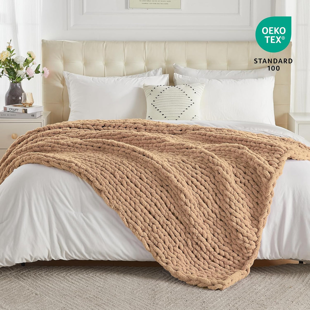 Carriediosa Chunky Knit Throw Blanket 60" X 80" Twin, 100% Hand Made Large Chenille Loop Yarn Soft Fluffy Throws for Couch Sofa Bed, Big Crochet Cozy Heavy Thick Cable Woven Blankets, Tan Brown