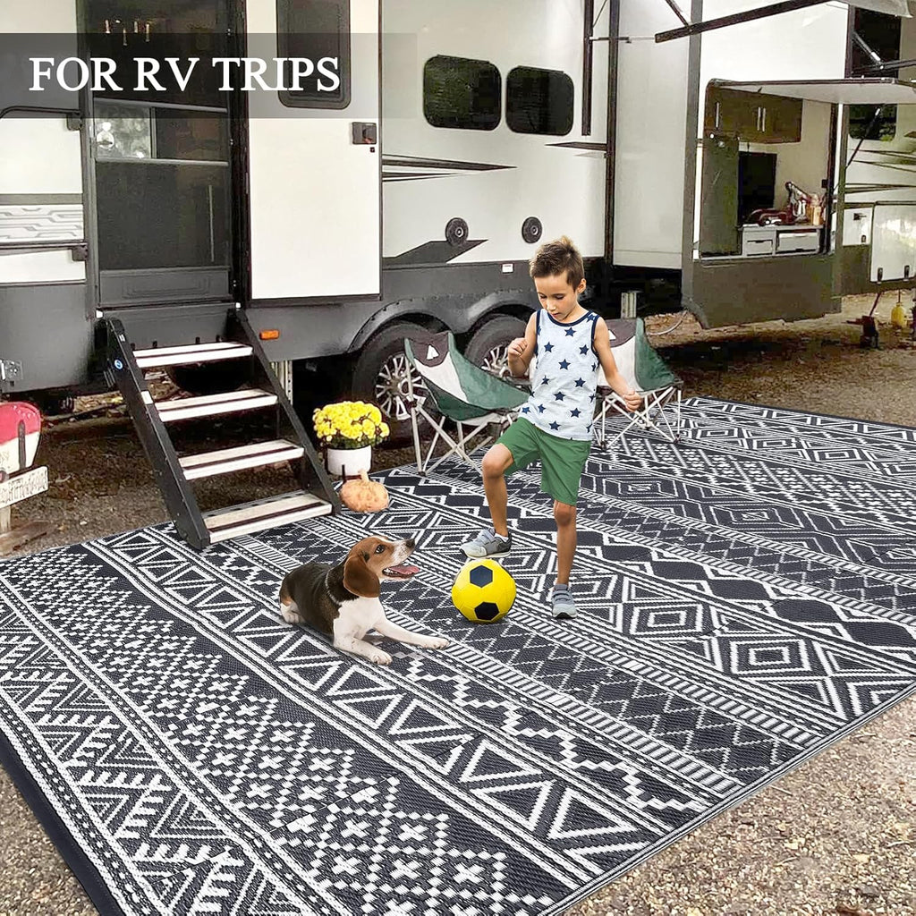 GAOMON Outdoor Rug 9'x12' Waterproof Rug for Patio Decor, Foldable Reversible Plastic Straw Area Rugs Mat for Camper, Outside Carpet for Deck, Porch, Picnic, Beach, Grey/White(Bohemia)