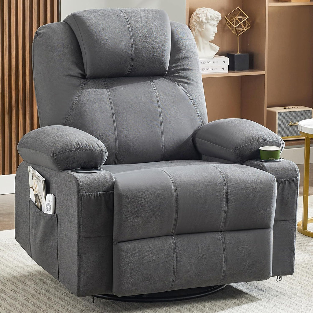Oversized Swivel Rocker Recliner Chair with Heat and Massage, 360 Degree Swivel Rocking Single Sofa with Cup Holders and USB Port, Big Large Recliner Chair for Living Room (Fabric, Darkgrey)