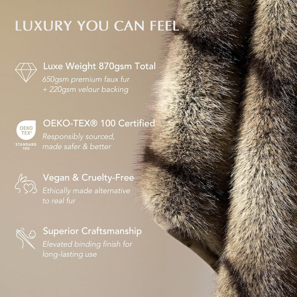 Luxury Faux Fur Throw Blanket, Soft Fluffy Faux Mink Blankets for Bed, Couch, Sofa, Thick Cozy Plush Warm Fur Throws with Reversible Velvet, Ombré Sable Brown, 50"x60"