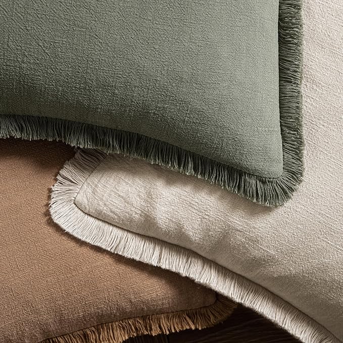 MIULEE Linen Fringe Decorative Fall Euro Throw Pillow Covers Brown 22x22 | Set - Image 4