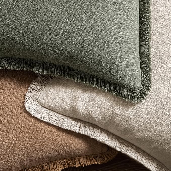 MIULEE Boho Linen Fringe Decorative Fall Throw Pillow Covers Brown 18x18 | Set - Image 4