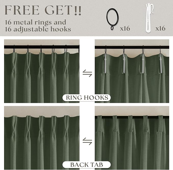 Linen Pinch Pleated Light Filtering Olive Green Curtains 96 Inches Long | - Image 5