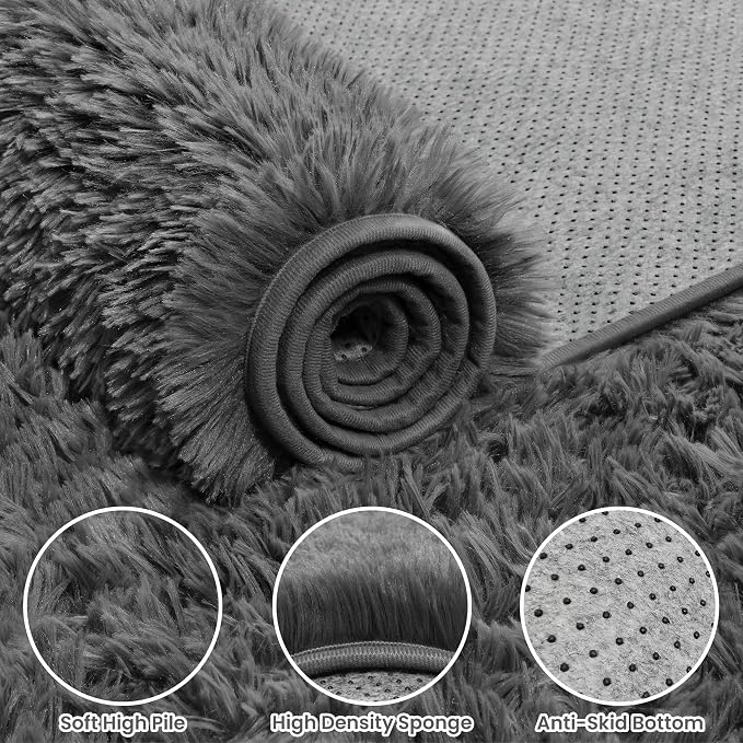 5x7 Fluffy Shag Area Rugs for Living Room Bedroom: Soft Plush Carpet Grey | - Image 7