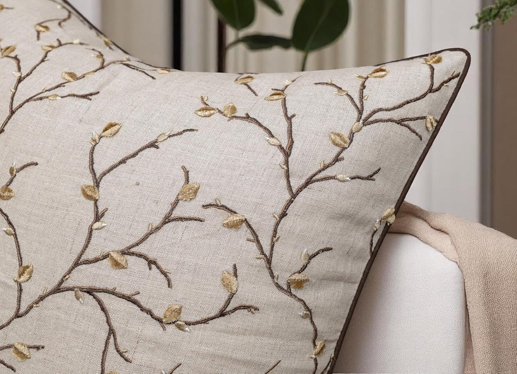 VAGMINE Embroidered Pussy Willow Throw Pillow Cover - 20x20 Inches Square - 100% Linen Natural Throw Pillowcase - Elegant Neutral Floral Design - Minimalist Rustic Home Accent for Sofa, Bed, Lounge