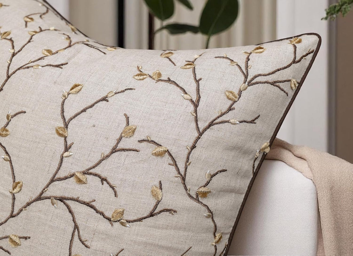 VAGMINE Embroidered Pussy Willow Throw Pillow Cover - 20x20 Inches Square - 100% Linen Natural Throw Pillowcase - Elegant Neutral Floral Design - Minimalist Rustic Home Accent for Sofa, Bed, Lounge
