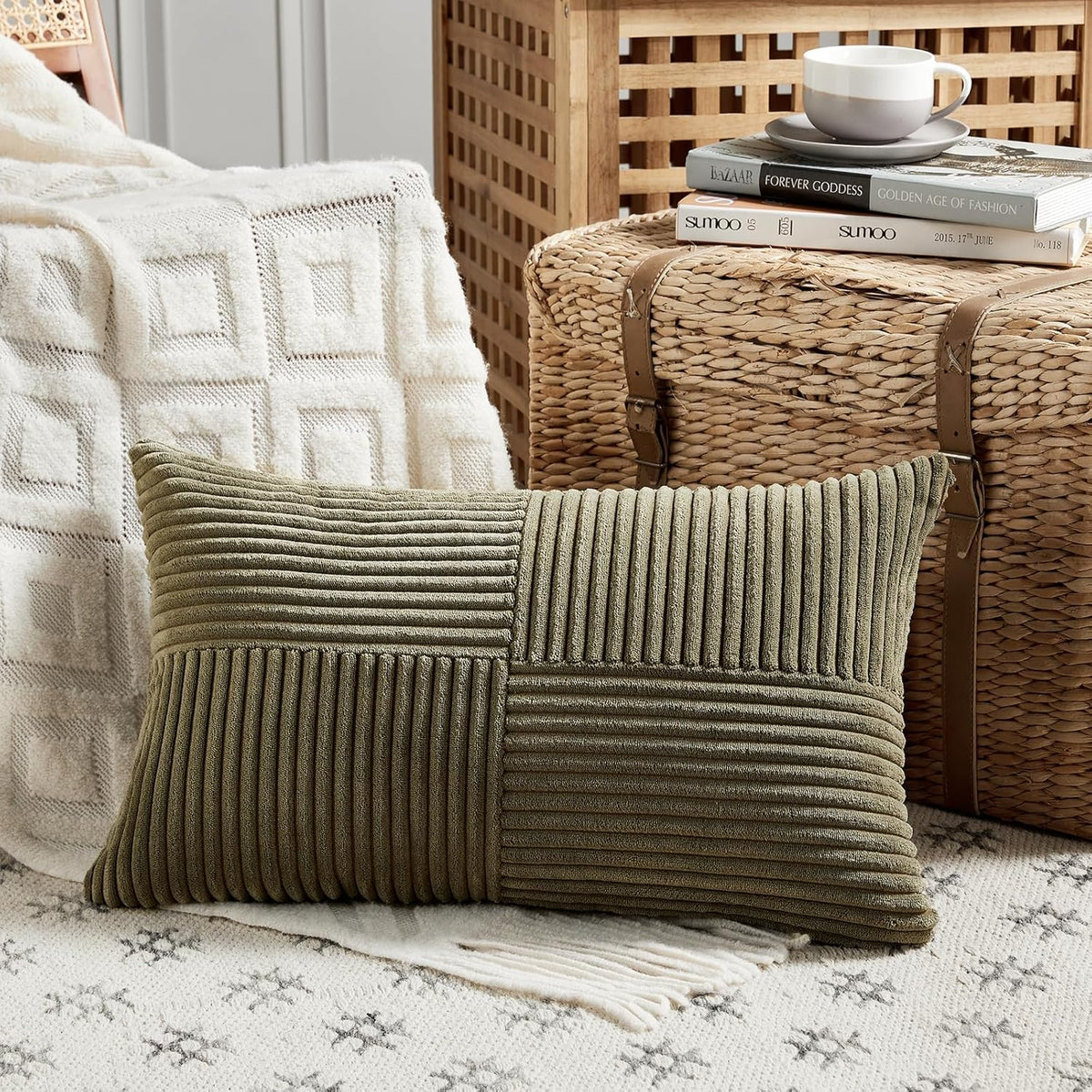 Fancy Homi 2 Packs Olive Green Lumbar Decorative Throw Pillow Covers 12x20 Inch for Living Room Couch Bed, Farmhouse Boho Home Decor, Soft Striped Corduroy Rectangle Accent Cushion Case 30x50 cm