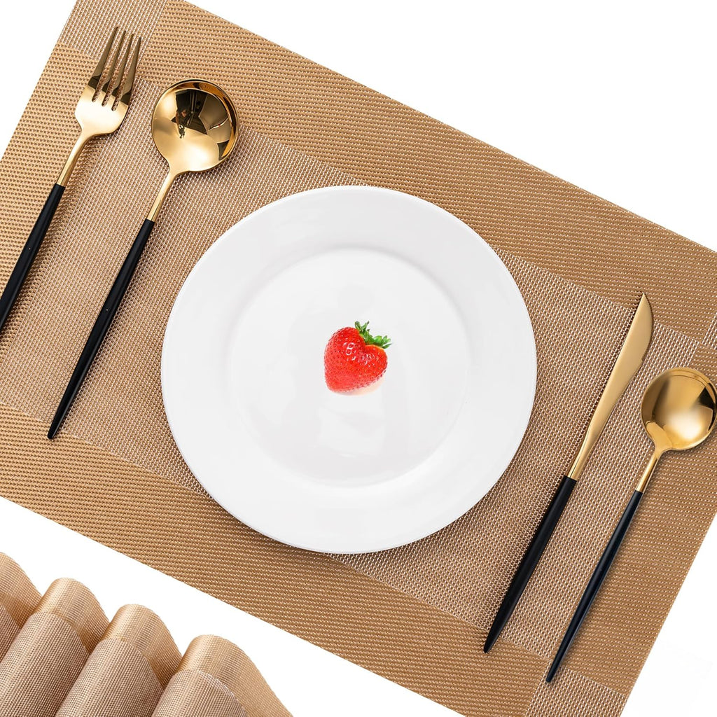 CADONO Placemats Set of 4 Washable Indoor/Outdoor Vinyl Place Mats for Dining Table Durable Non-Slip Heat Resistant PVC Weave Table Mats（Gold Cube）